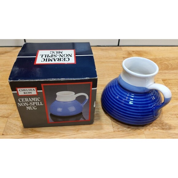 No Spill non slip Coffee Mug Pottery Ceram blue and white, Made in Taiwan Box - Picture 1 of 12